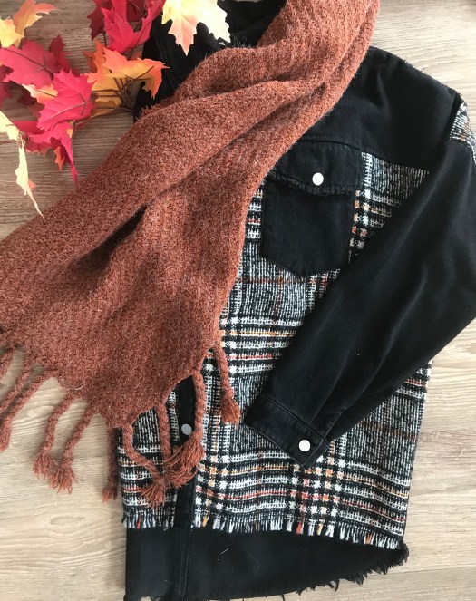 fall jean/woven jacket with dark orange scarf